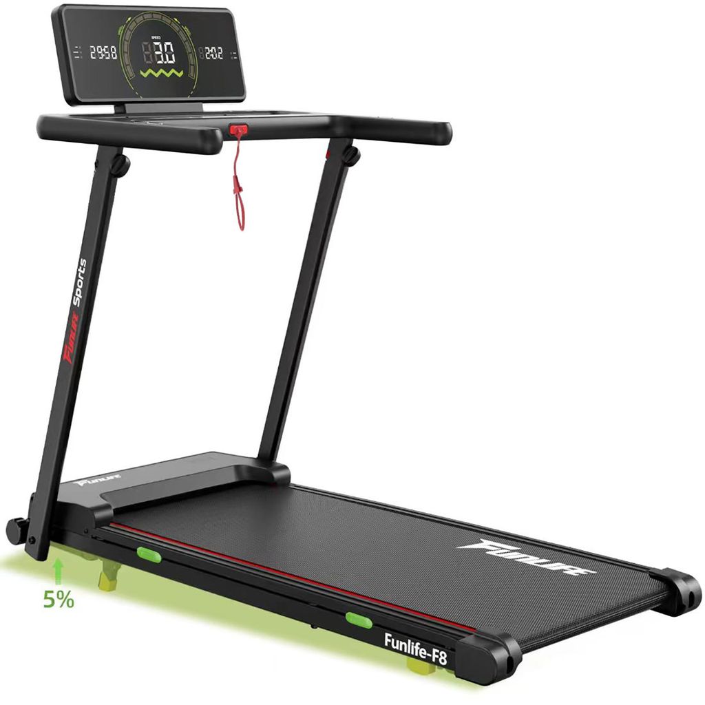 FunLife F8 Laufband klappbar mit 5 % Steigung, Display direkt am Handlauf, extra breite Lauffläche, leise & gelenkschonend, 12 Programme, 1–12 km/h