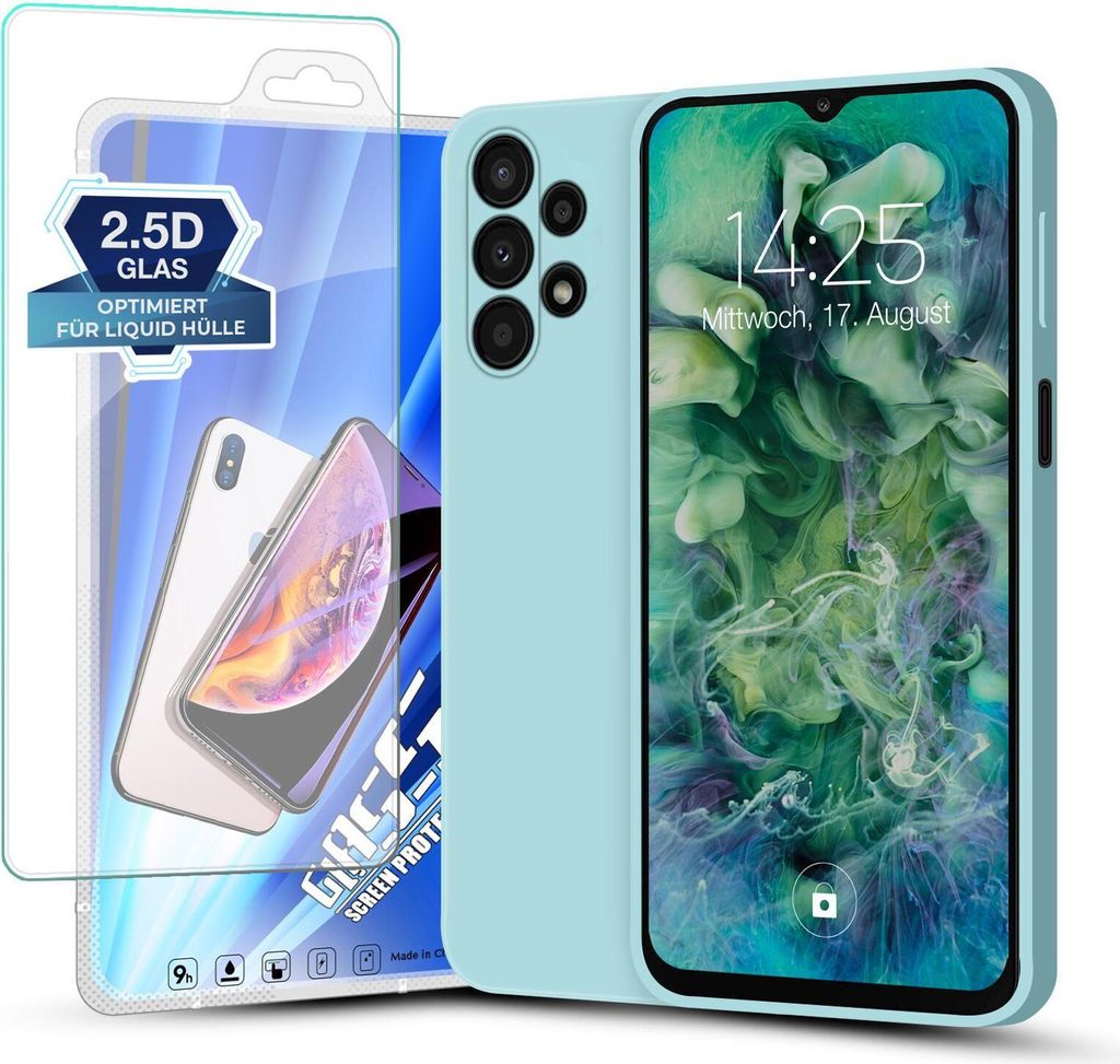 Hülle für Samsung Galaxy A13 mit 9H Displayglas Displayschutz Plus Case Cover Bumper Silikon Softgrip Schutzhülle Farbe: Hellblau