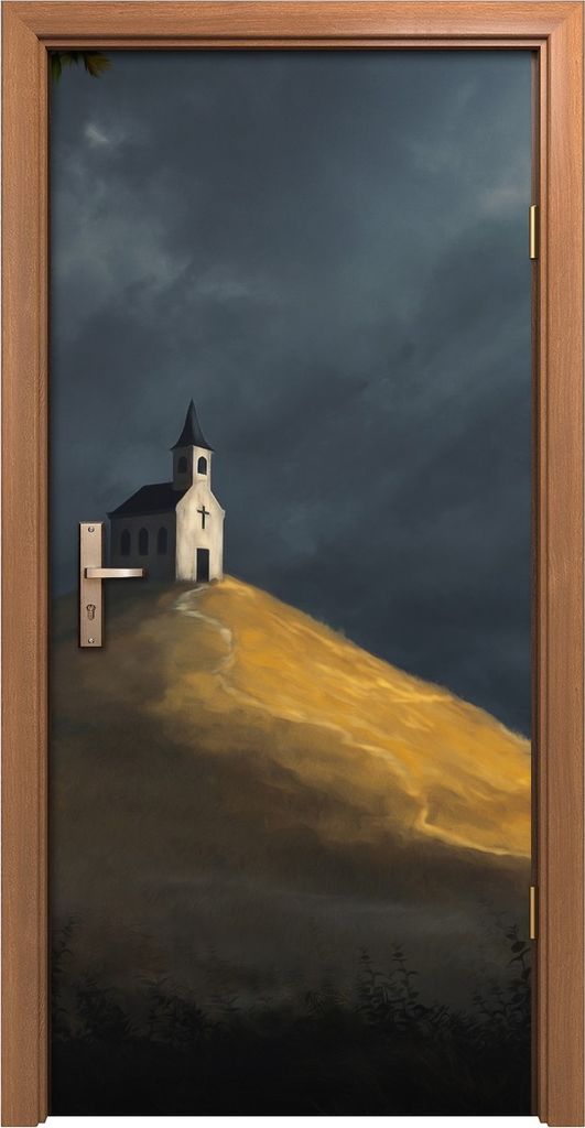 Türposter 90x200 cm Türaufkleber Türtapete Türfolie Klebefolie Kunst Kirche auf einem Hügel