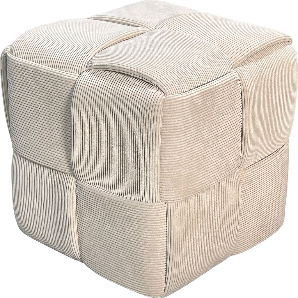 A beige corduroy pouf on a white background.