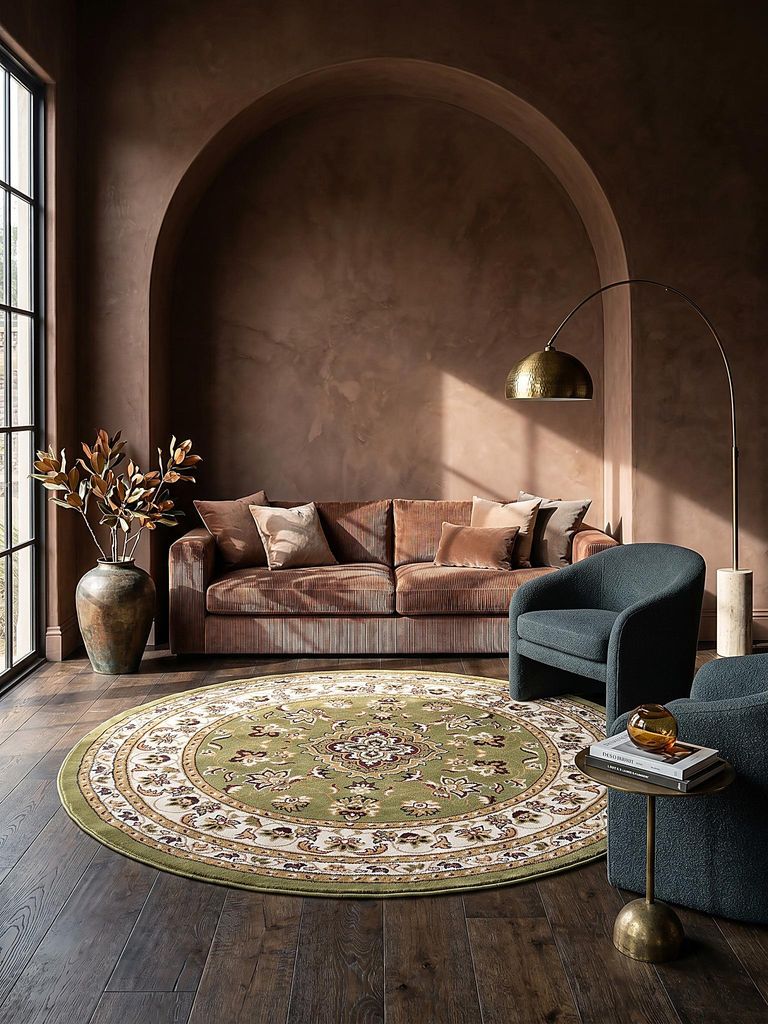 Rundteppich Mittelflor Traditionell Polypropylen Grün 133x133 cm Wohnzimmer Schlafzimmer Orientalisch GLAZERT | Kadima Design