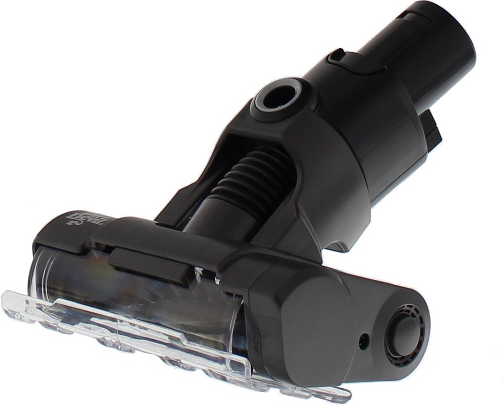 A black vacuum cleaner attachment with a clear front part, isolated on a white background.