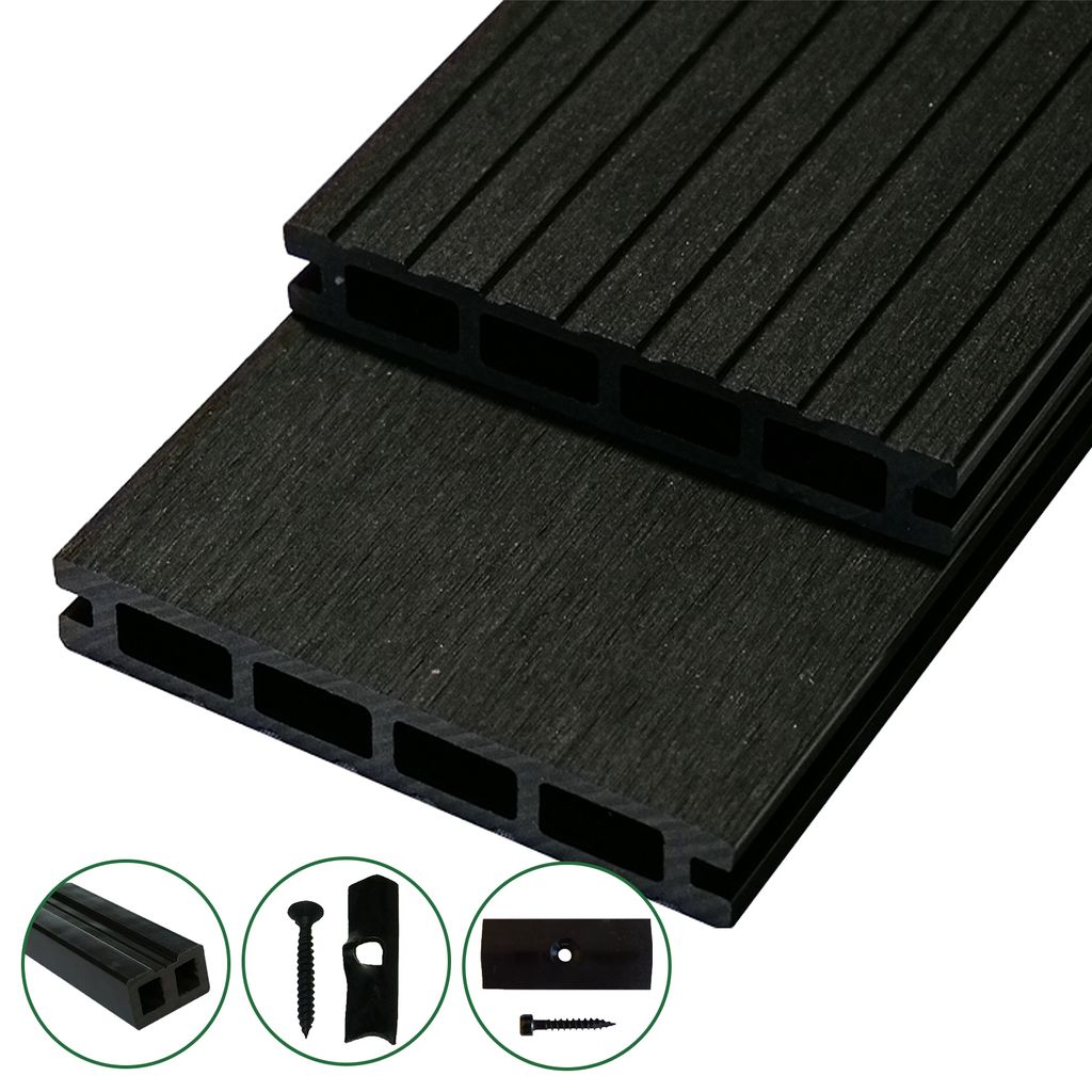 WOODSTORE24 WPC Terrassendielen Komplettset - 28 m² - mit Unterkonstruktion Rhodos Anthrazit, geriffelt, Diele für Terrasse & Balkon, Klicksystem