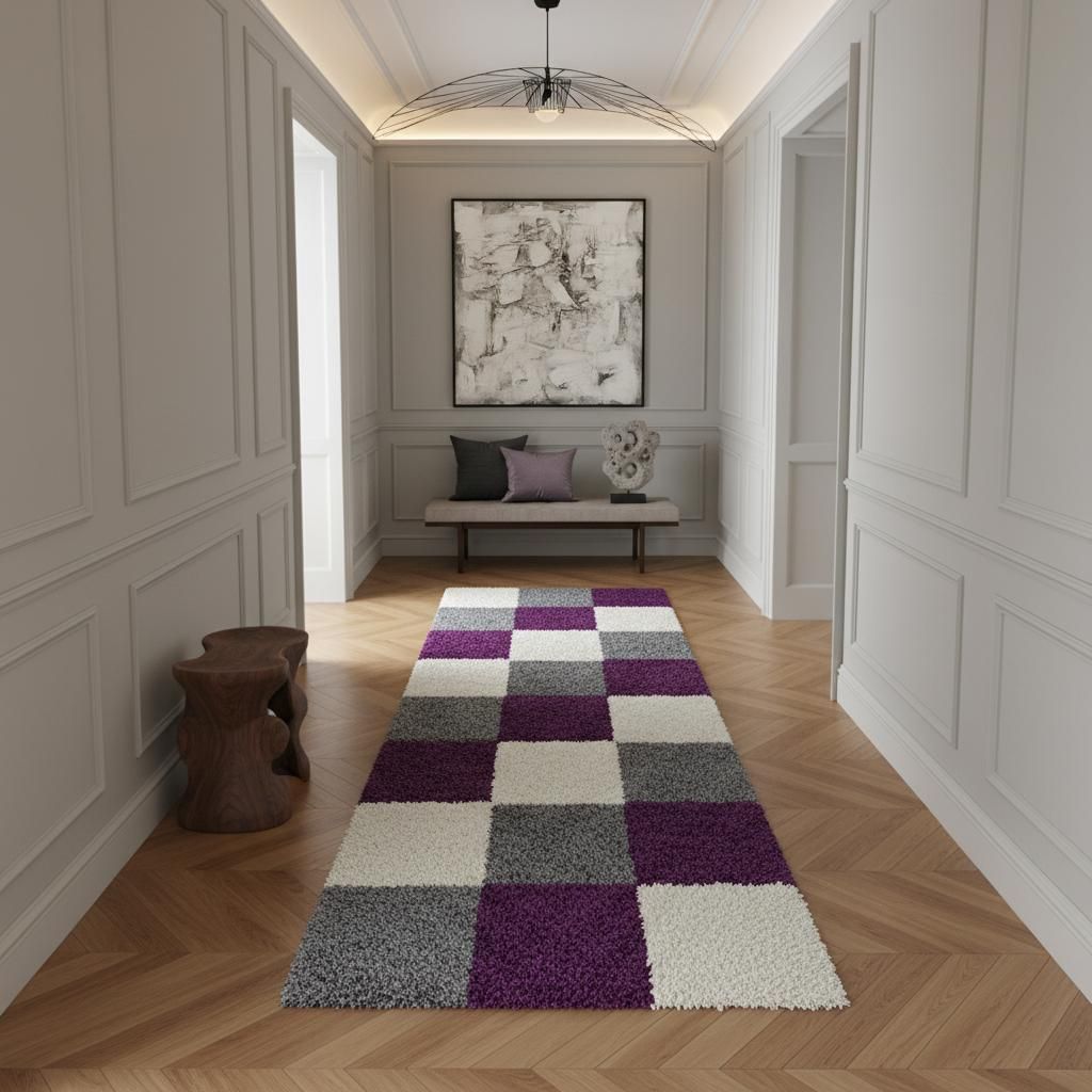Langflorteppich Karomuster Flauschig Waschbar Strapazierfähig | Läufer Violett 80x250 cm Esszimmer Schadstoff Gekettelt | RHEIN – Kadima Design
