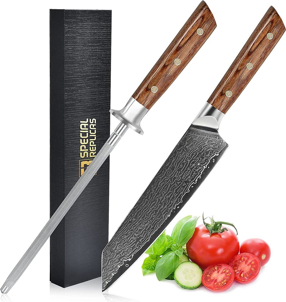 Kochmesser Luxus Messer mit Messerschärfer mit Diamant, aus Damaststahl, allzweckmesser, in einer Geschenkbox | YD75-10