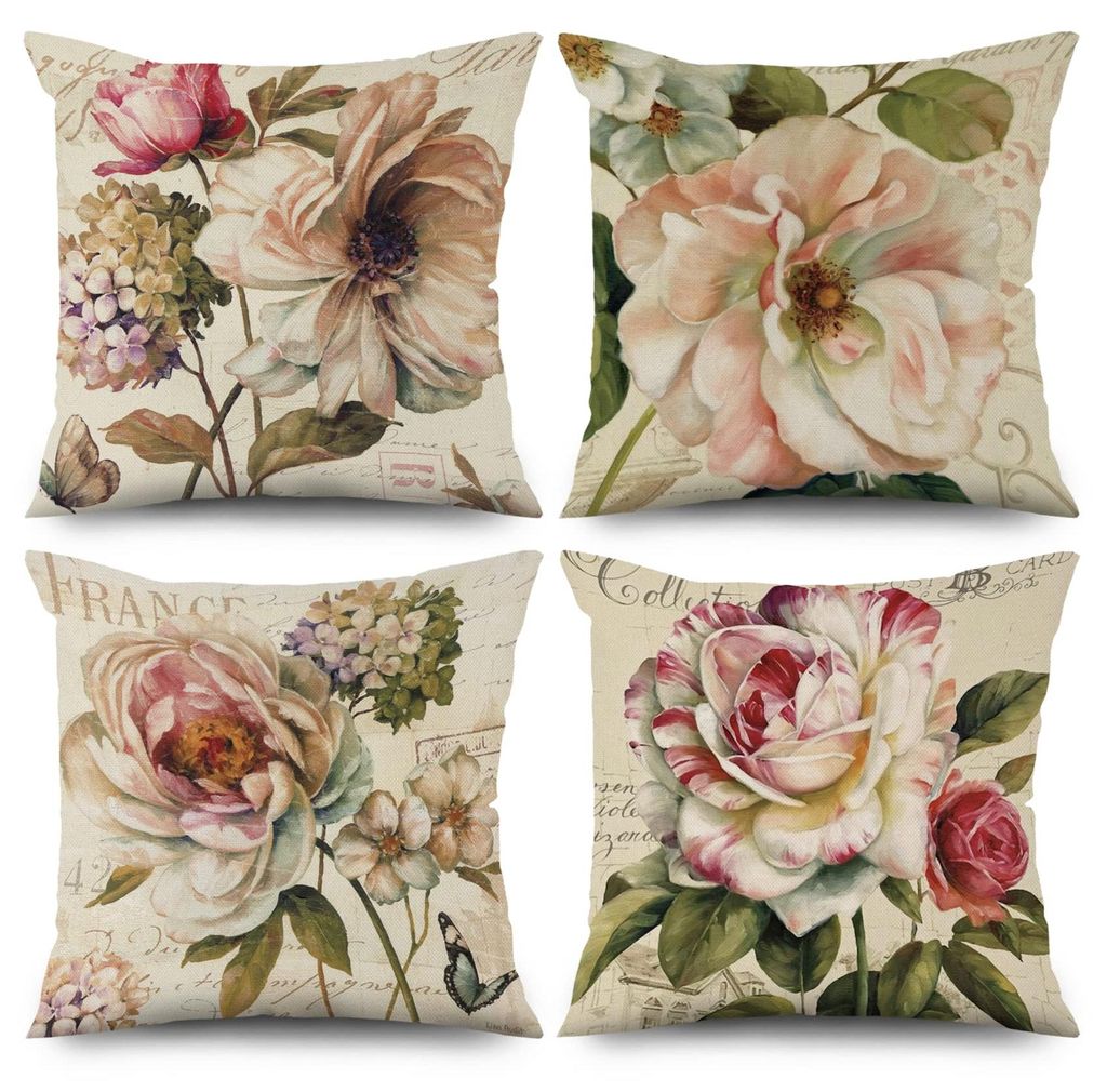 Set mit 4 Retro-Kissenbezügen mit Blumenmuster, 40x40 cm, beige, Polyester, Leinen, waschbar.