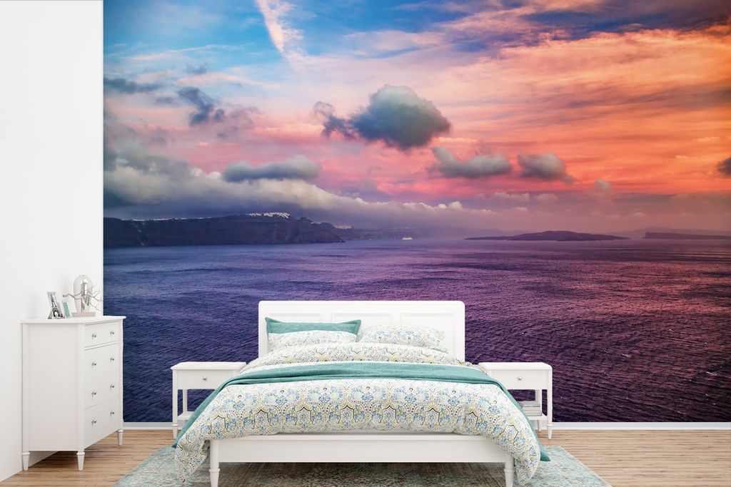 MuchoWow Fototapete für Wohnzimmer oder Schlafzimmer Wandtapete Vinyl Motivtapete Santorini Griechenland bei Sonnenuntergang - 330x220 cm - Foto...