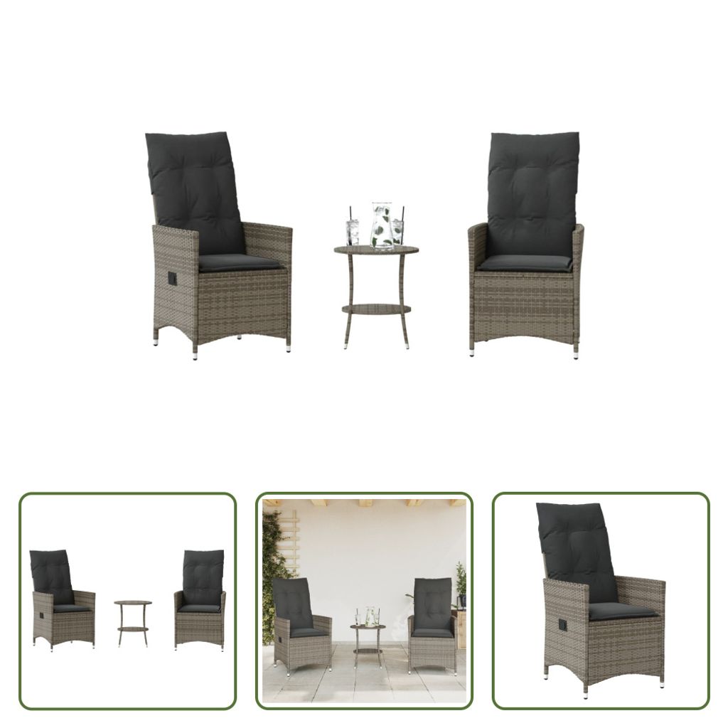 The Living Store 3-tlg. Bistro-Set mit Kissen Grau Poly Rattan