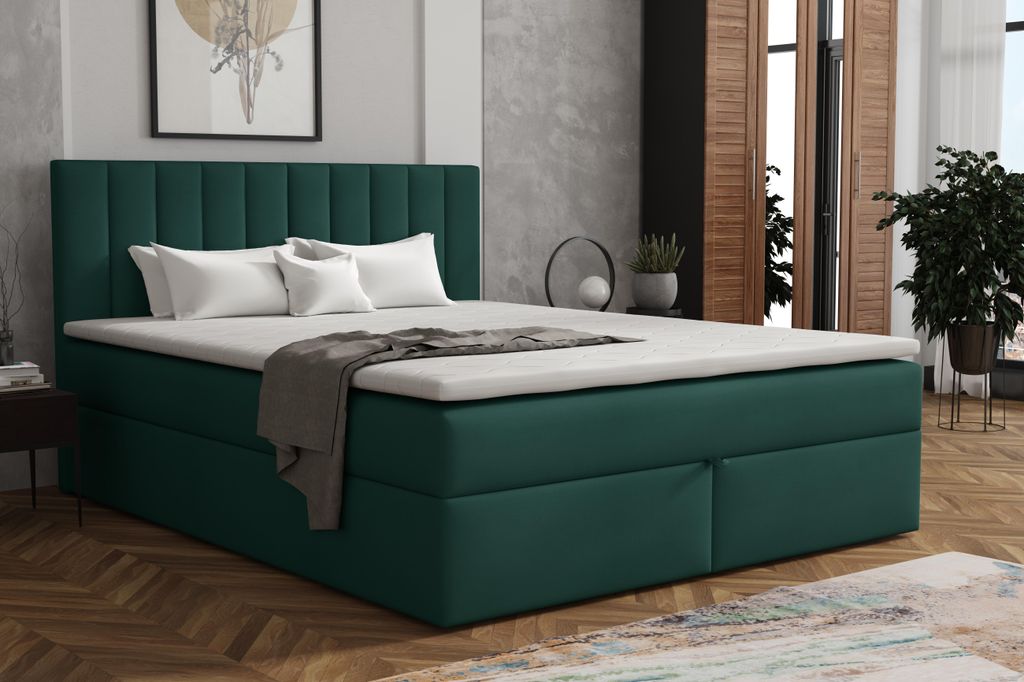 MR GROUP Boxspringbett mit Bettkasten ZADAR, 140x200, grün, H3 Samtstoff, Polsterbett mit Matratze und Topper Doppelbett Bett für Schlafzimmer