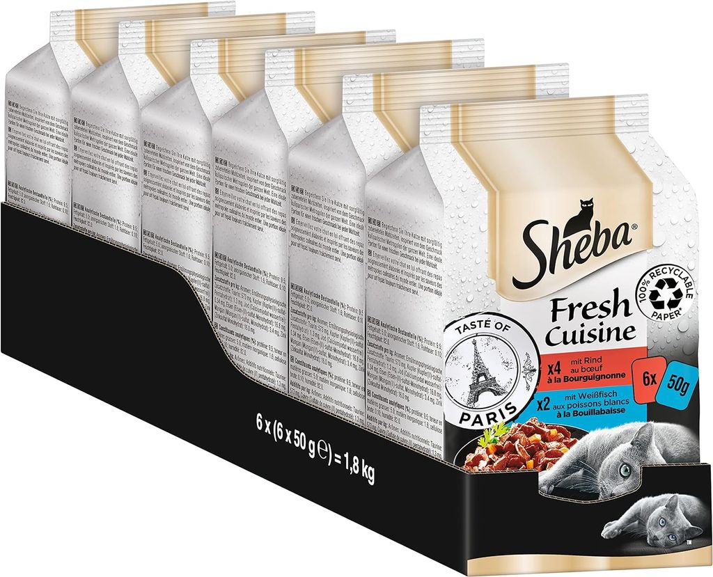 Sheba Fresh Cuisine Taste of Paris - Katzenfutter nass, mit Rind und Weißfisch, 36 Portionsbeutel, 6x50g (6er Pack)