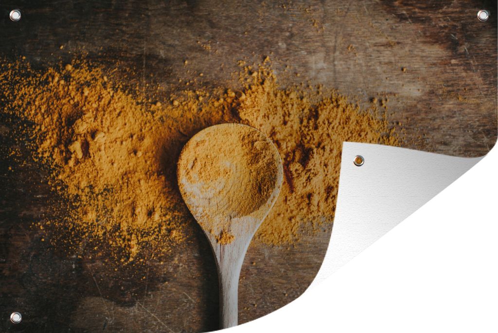 MuchoWow 60x40 cm Outdoor-Poster Gartendeko Sichtschutz Garten Poster für den Garten Aromatisches Kurkumapulver auf einem rustikalen Holzlöffel