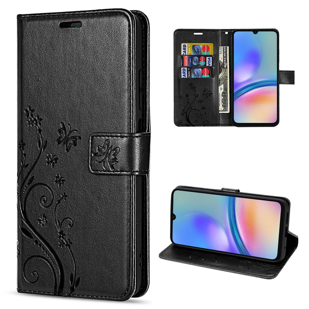 A collage of images showing a black leather wallet-style phone case with a floral embossed design, and a smartphone inside the case.
