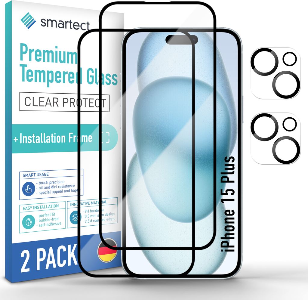 2x Schutzglas Full Screen für iPhone 15 Plus Anbringhilfe + Produktbild 