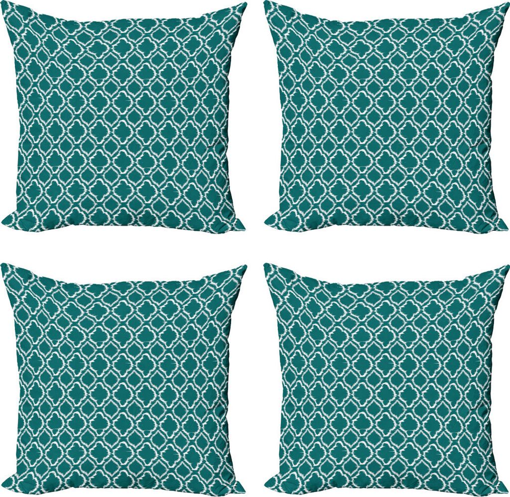 ABAKUHAUS Teal Kissenbezug Set (4 Stück), Traditionelle Ikat-Muster, Moderner Doppelseitiger Digitaldruck, 45 cm x 45 cm, Teal weiß