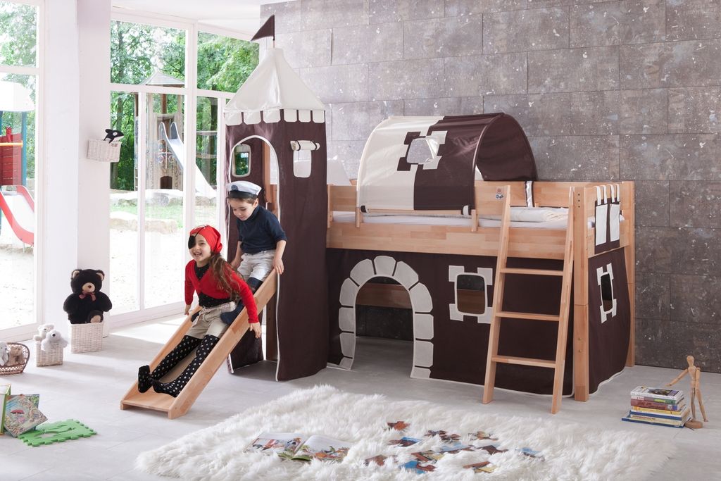 Relita - Halbhohes Spielbett Kim mit Rutsche, Turm, Tasche und Tunnel, Buche massiv natur lackiert geplankte Optik, mit Stoffset Burg