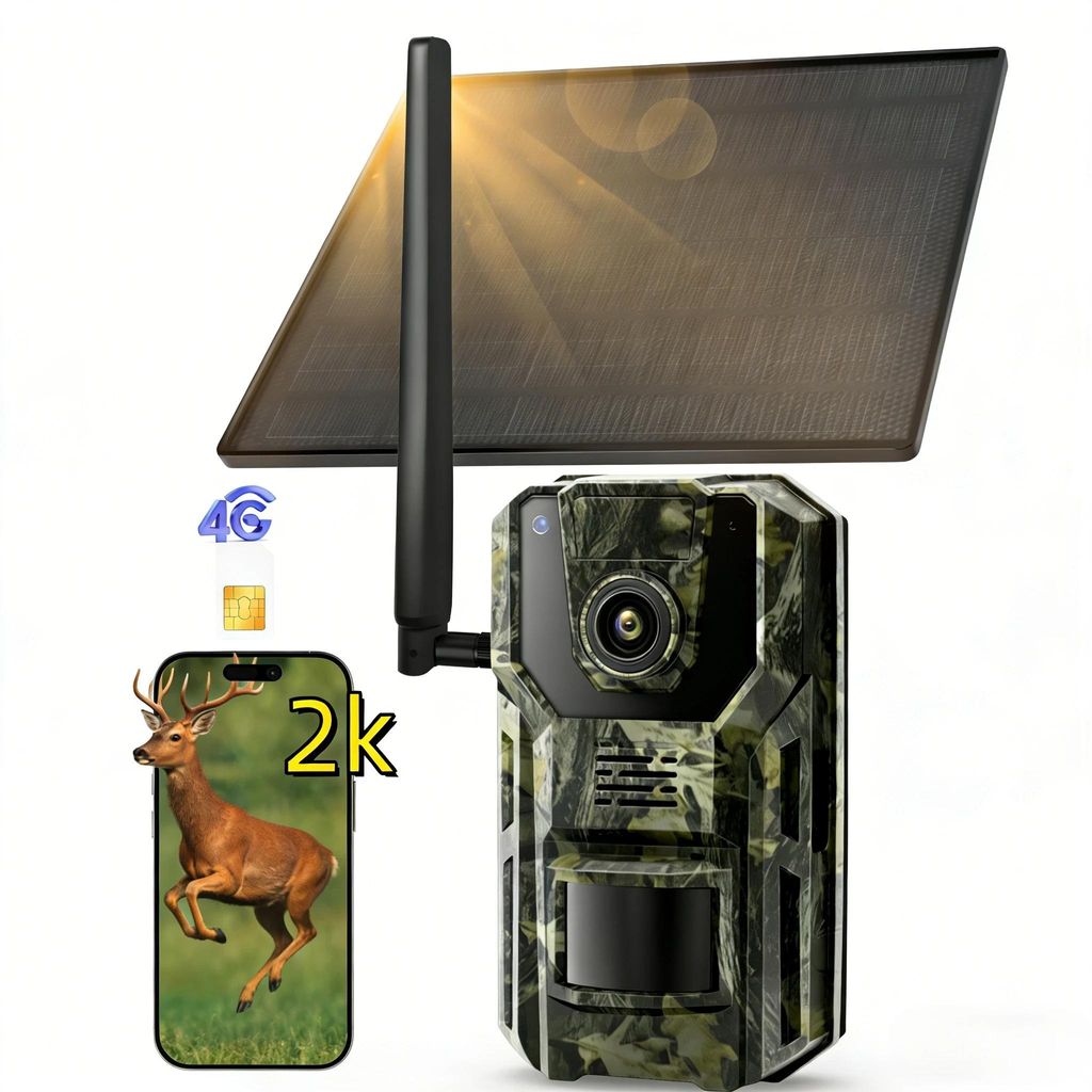 4G LTE Wildkamera mit App Bewegungsmelder 2K Solar Überwachungskamera Aussen Wildtierkamera mit Nachtsicht SIM Karte Kein WLAN 7800mAh Akku mit GPS