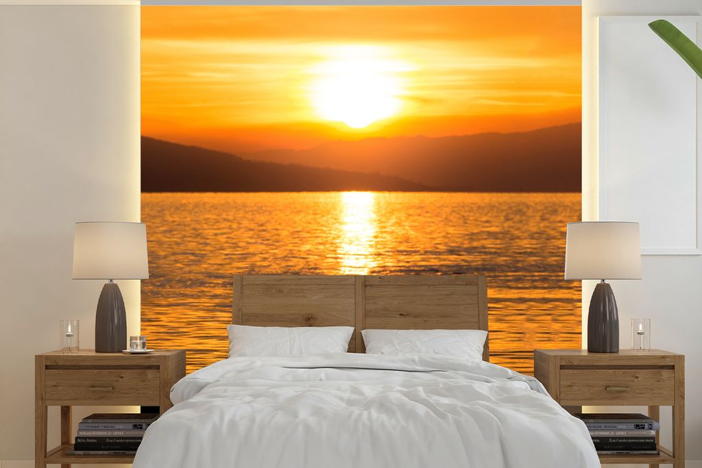 MuchoWow Fototapete für Wohnzimmer oder Schlafzimmer Wandtapete Vinyl Motivtapete Schwan - Sonnenuntergang - Gold - 300x300 cm - Wanddekoration