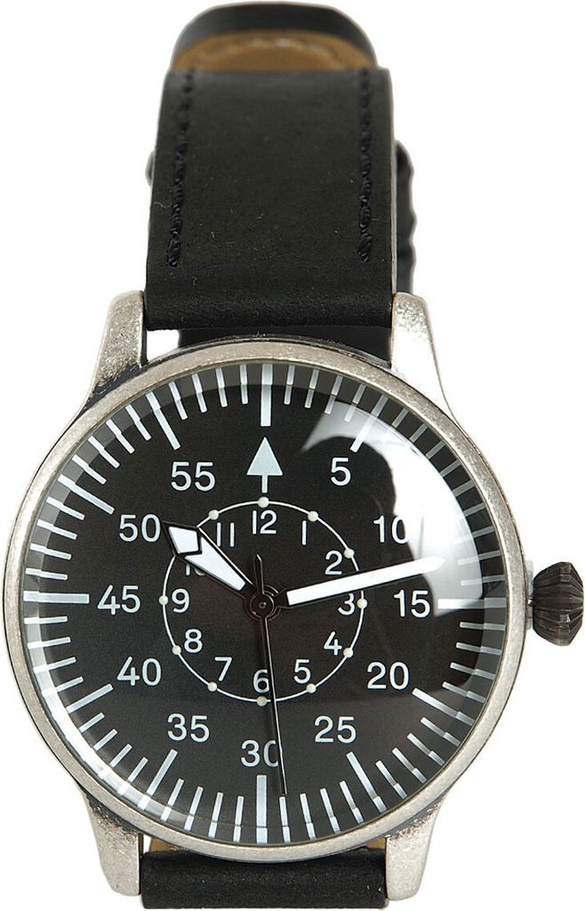 A close-up studio shot of a black analog watch with a leather strap.
