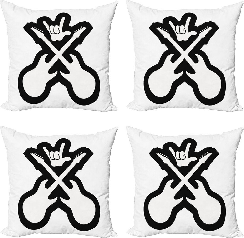 ABAKUHAUS Rockmusik Kissenbezug Set (4 Stück), Gitarren Handzeichen, Moderner Doppelseitiger Digitaldruck, 60 cm x 60 cm, Schwarz-Weiss