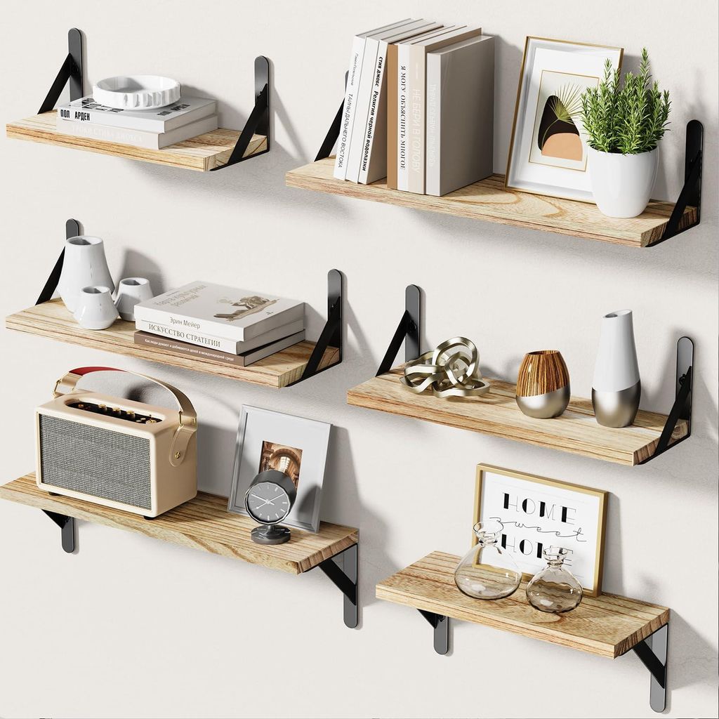 6-teiliges Wandregal-Set aus Holz und Metall, maximale Tragkraft 18 kg, für Wohnzimmer, Schlafzimmer, Büro, Badezimmer oder Küche, braun