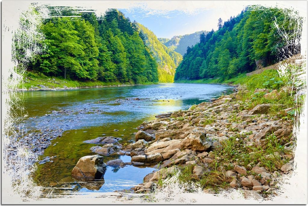 Kunstdrucke Wandbilder Holz in : Brillante Farben, Größe 60 x 90 cm Motiv Fluss in den Bergen an steinigem Ufer