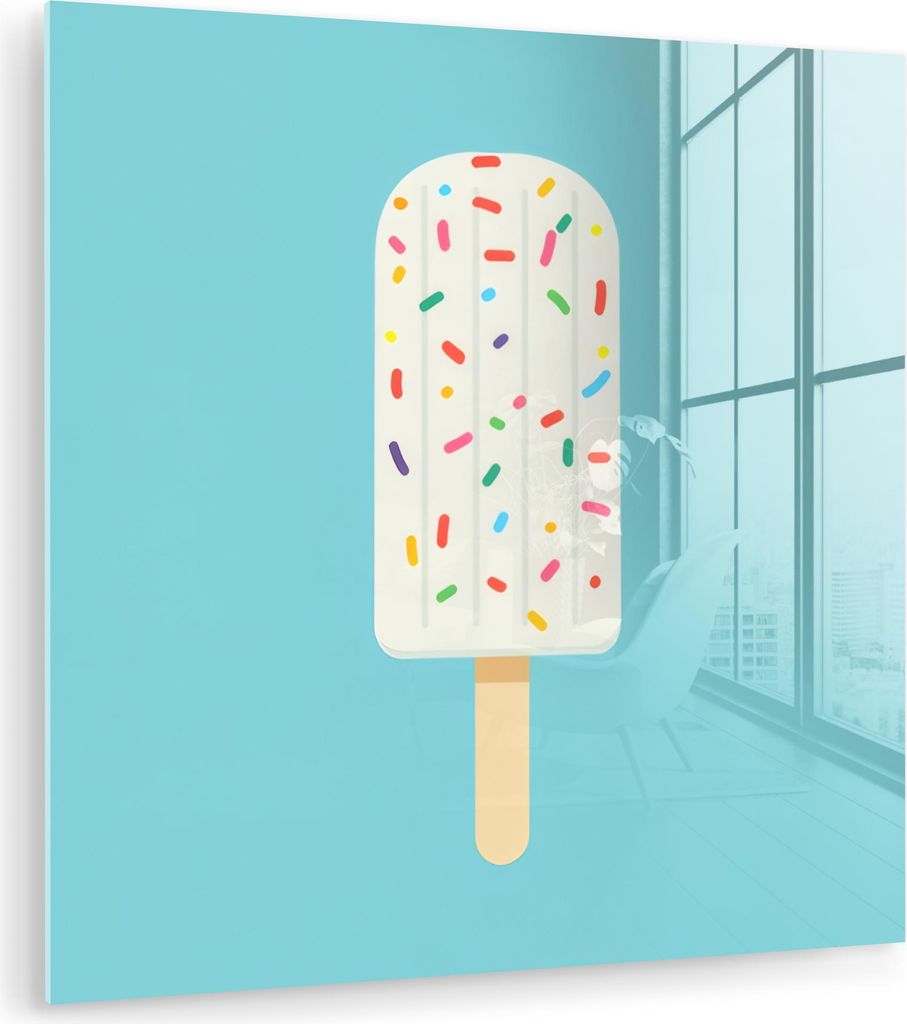 MuchoWow Glasbilder - Bilder auf Wandbild - Foto auf Glas Eiscreme - Stiel - Streusel - Hellblau 90x90 cm Wanddekoration aus Glas - Acrylglasbild -...