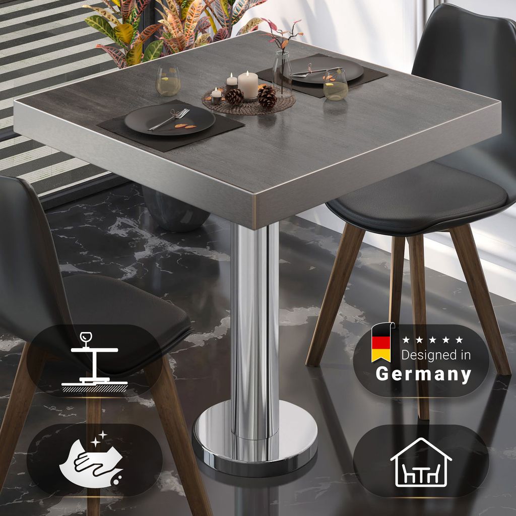 BML | Bistro Tisch | 80 x 80 x 77 cm | Quadratisch | Edelstahl Rand | Wenge / Edelstahl | Bistrotisch Gastro Tisch