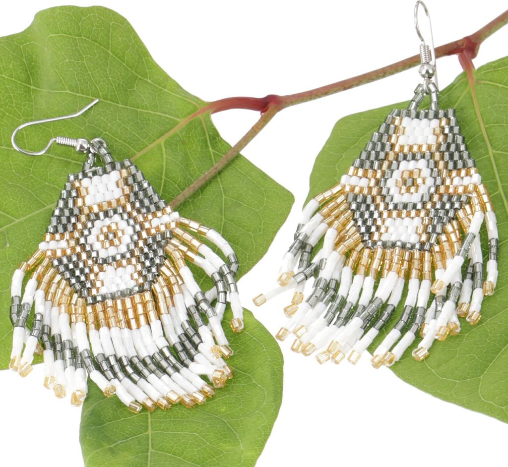 Indigener Schmuck, Boho Ohrringe, Ethno Perlenohrringe - Modell 7, Weiß, Glasperlen, 7*3 cm, Ohrringe + Ohrstecker Modeschmuck
