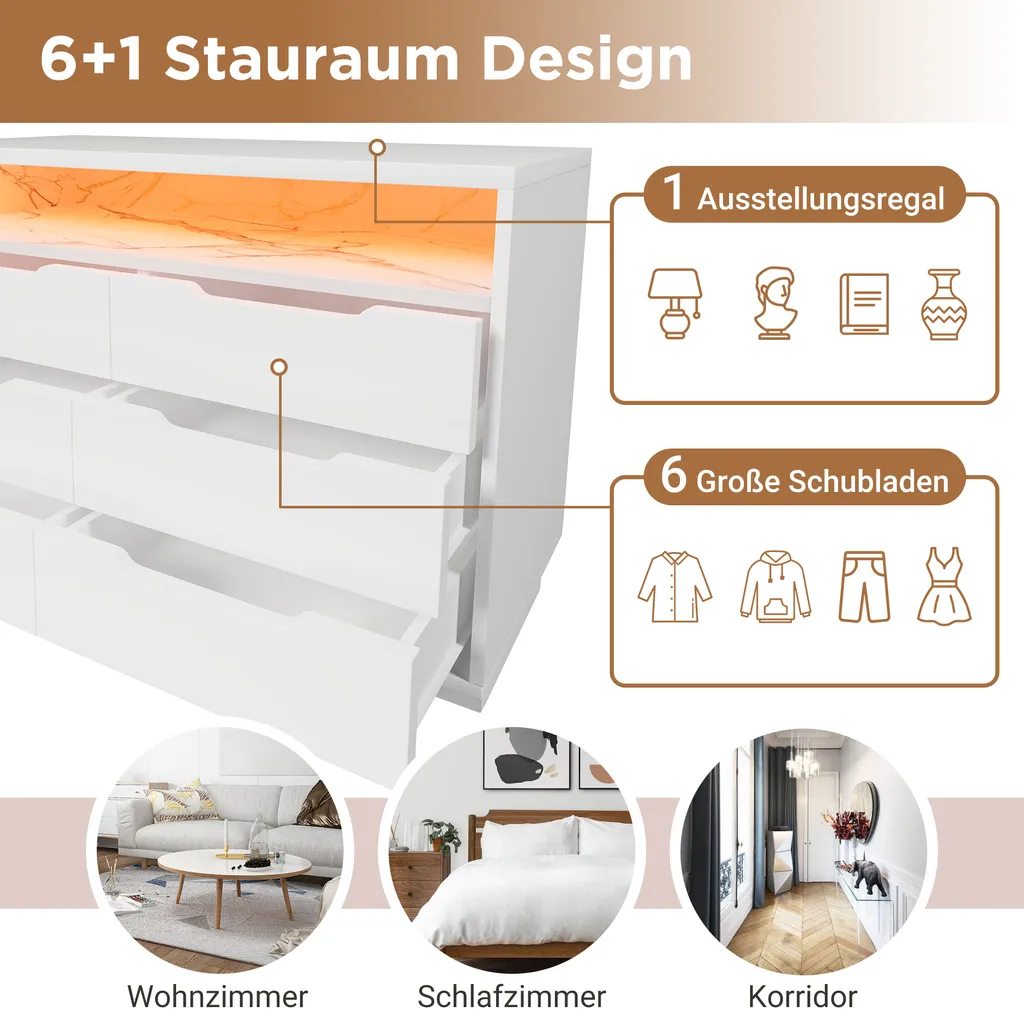 Commode Sideboard Flieks 6 Tiroirs et LED Blanc - Buffet 120x40x85cm