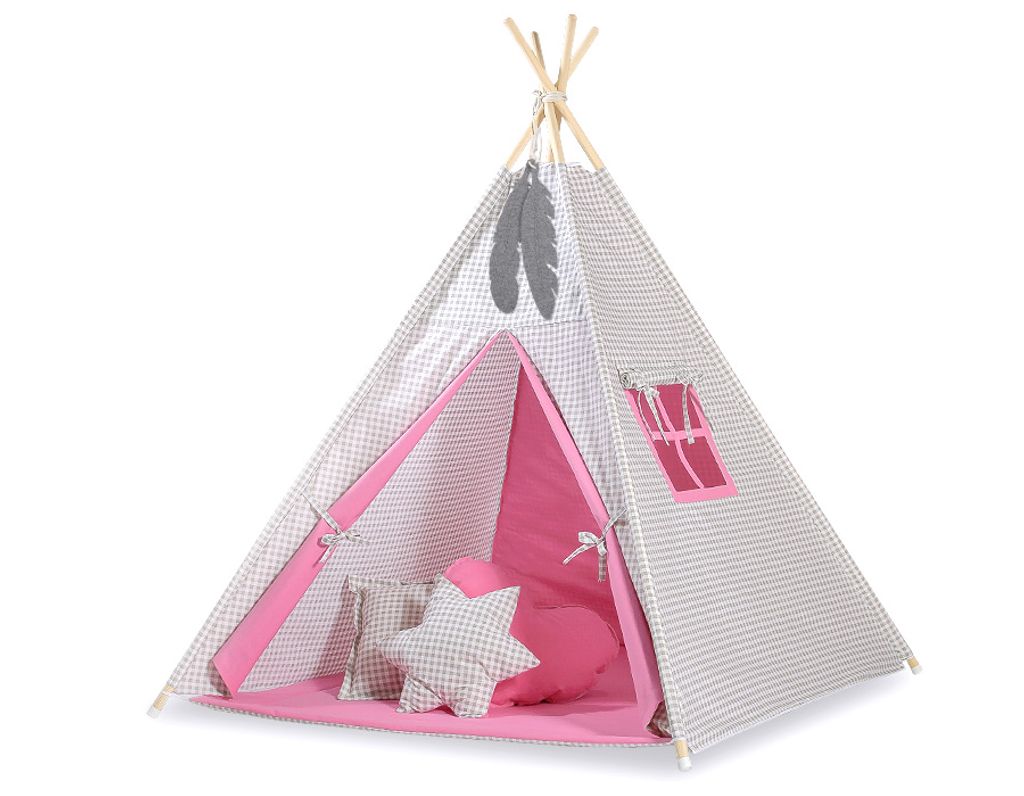Tipi Zelt für Kinder mit hängenden Federn in Grau und Rosa