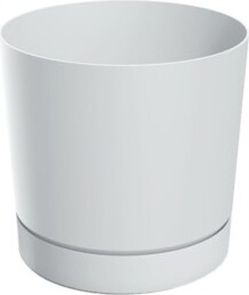 A white cylindrical plant pot with a matching saucer.
