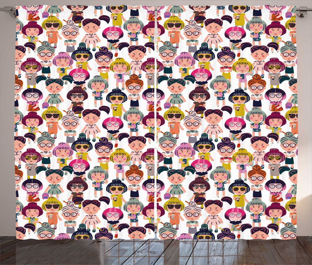ABAKUHAUS Mädchen Rustikaler Vorhang, Fashion Themed Cartoon, Wohnzimmer Universalband Gardinen mit Schlaufen und Haken, 280 x 225 cm, weiß Multi...