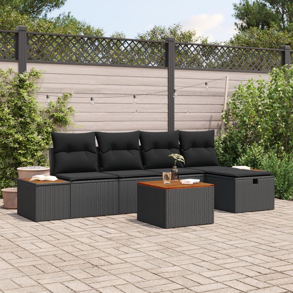 "2025"Cloris 6-teiliges Garten Sofa Set mit Kissen Schwarz Poly Rattan - Gartensofas Moderne8356283