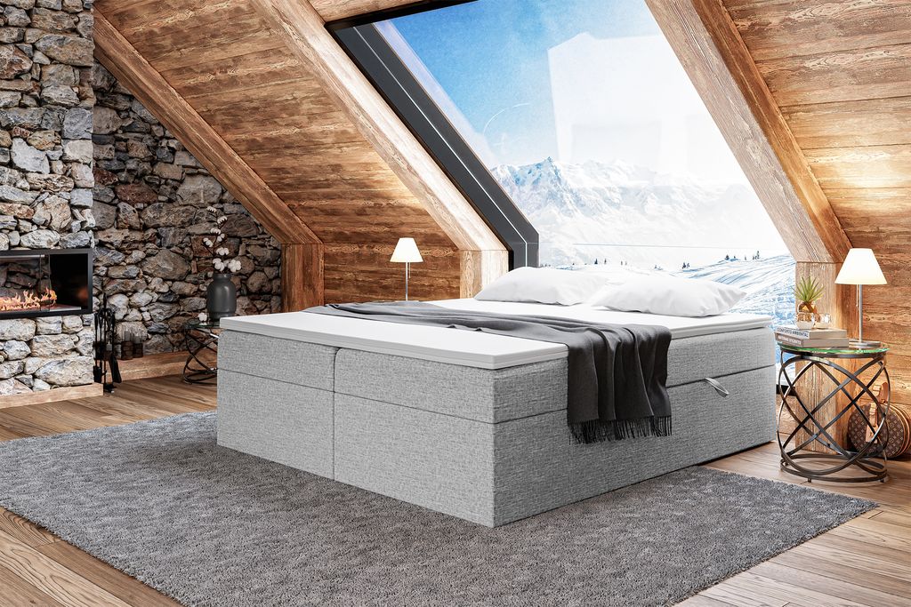 MEBLINI Boxspringbett mit Bettkasten - 200x220 - H3/Grau Webstoff - LIONEL - Gepolstert Doppelbett mit Matratze und Topper - Polsterbett mit Staura...