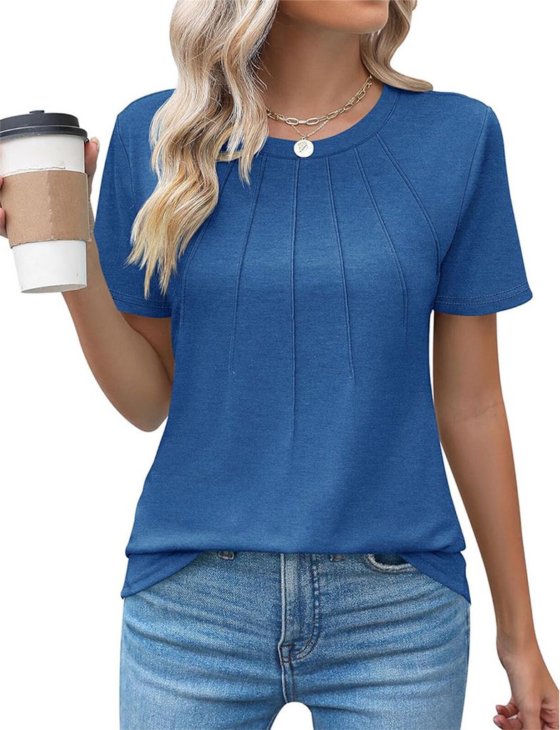 ASKSA Damen T-Shirt Sommer Kurzarm Rundhals Laessig Shirts Tops Tee Elegant Oberteile, Blau, Groesse: S