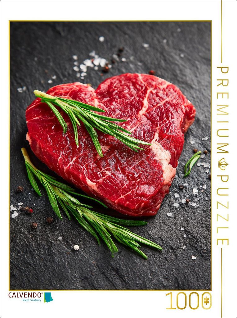 CALVENDO Puzzle Herzförmiges Steak aus Rindfleisch mit frischem Rosmarin | 1000 Teile Lege-Größe 64x48cm Foto-Puzzle für glückliche Stunden