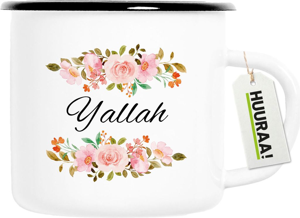 Huuraa Emaille Tasse Yallah arabisch Blumen 300ml Vintage Campingbecher Geschenkidee