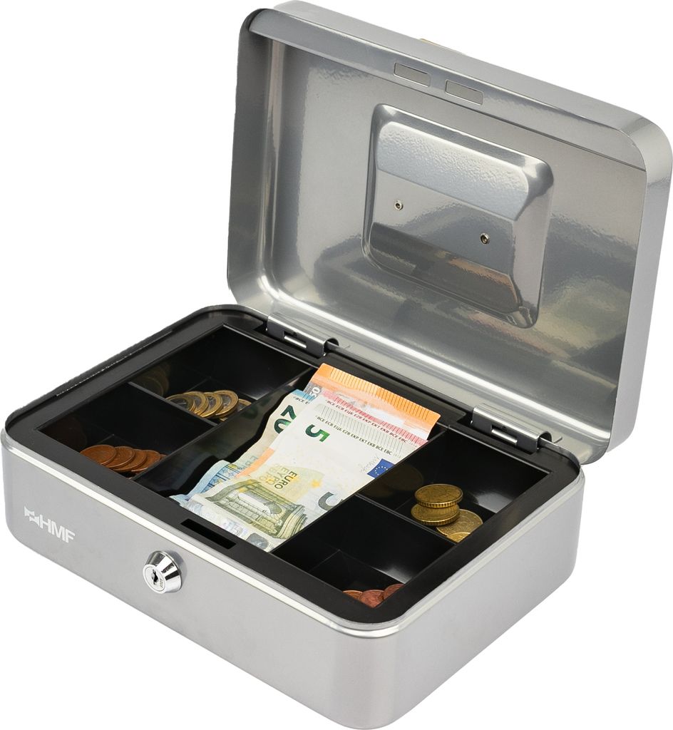 Geldkassette mit Münzeinsatz von HMF mit 25 cm Breite in Silber