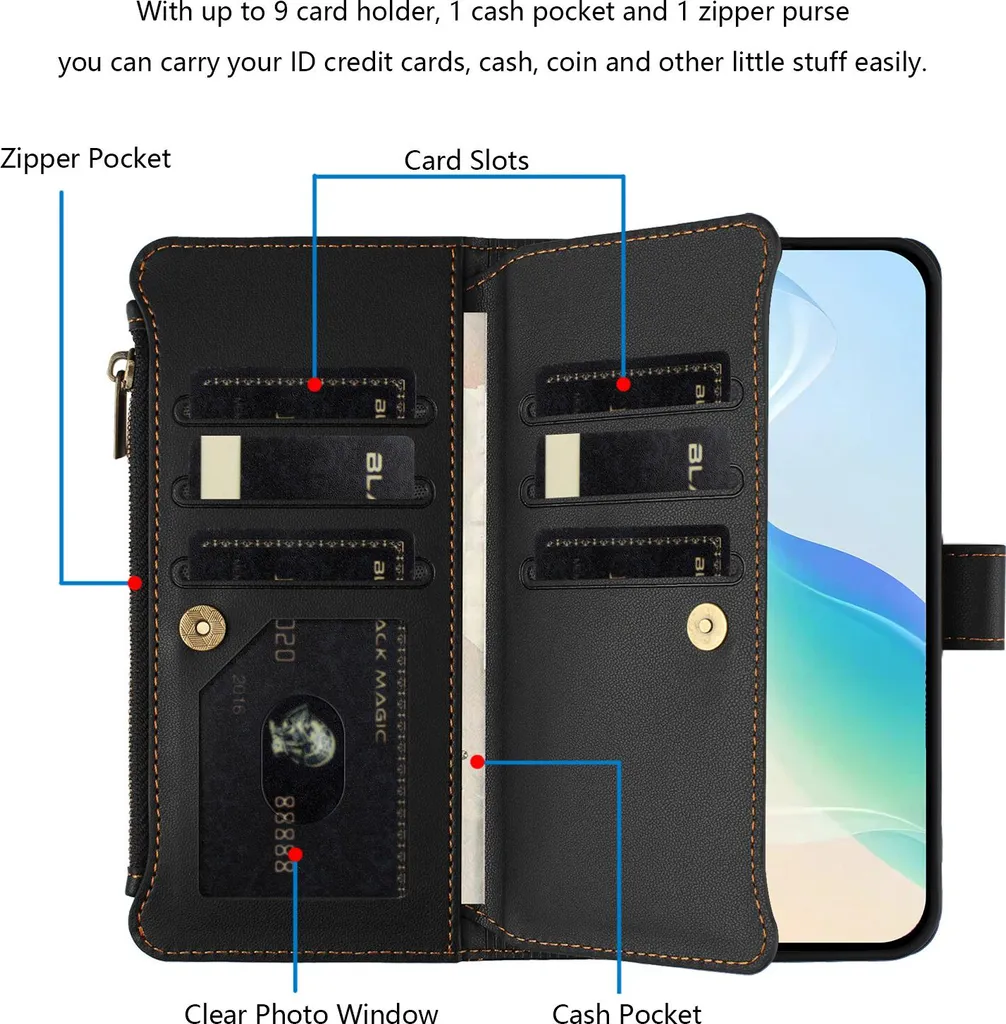 Custodia per Infinix Hot 20 4G, con cerniera, portafoglio in Finto cuoio con tasche per carte, supporto e passante per la mano nero - 3