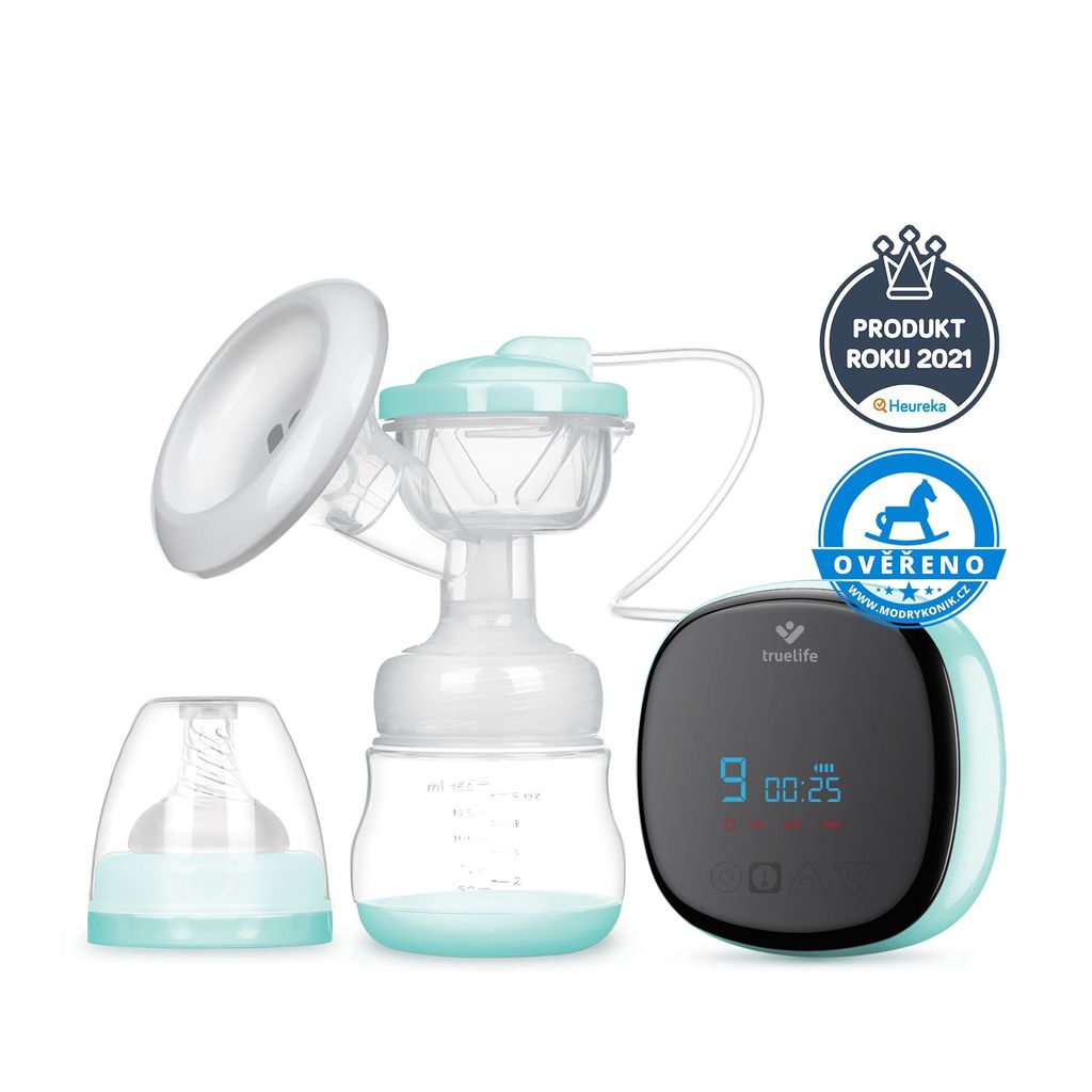 A breast pump and its accessories are displayed against a white background, with several certification badges.