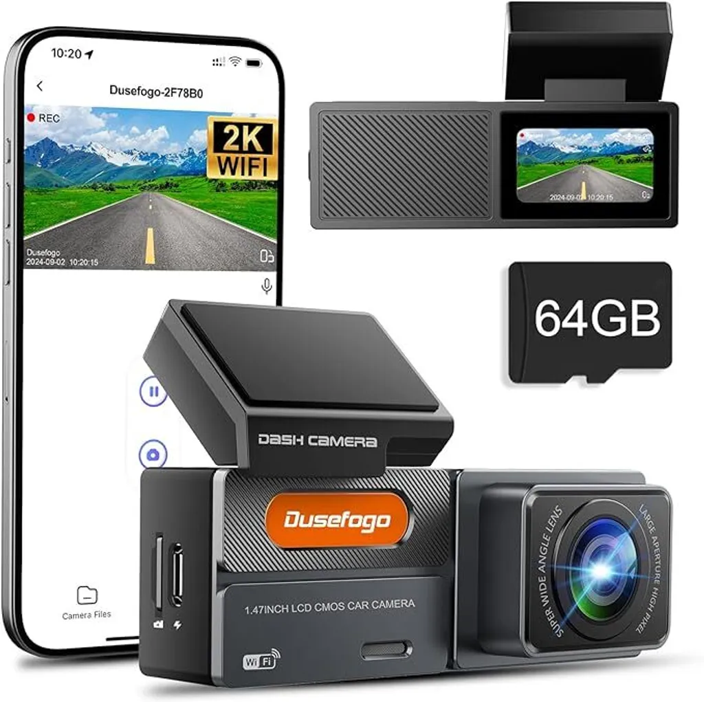 Dashcam voiture 2K WiFi avec carte 64GB - Caméra embarquée ultra HD 1440P