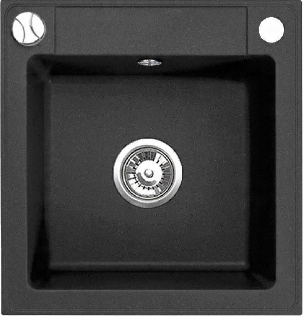 A top-down view of a black kitchen sink.