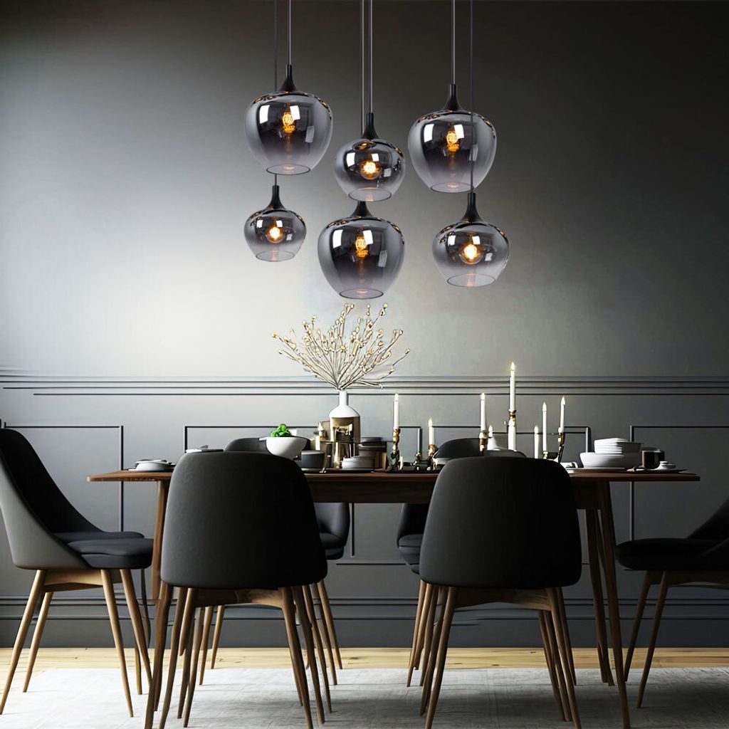Hängeleuchte, 6-Flammig, Glas, rauch, schwarz, L 86 cm