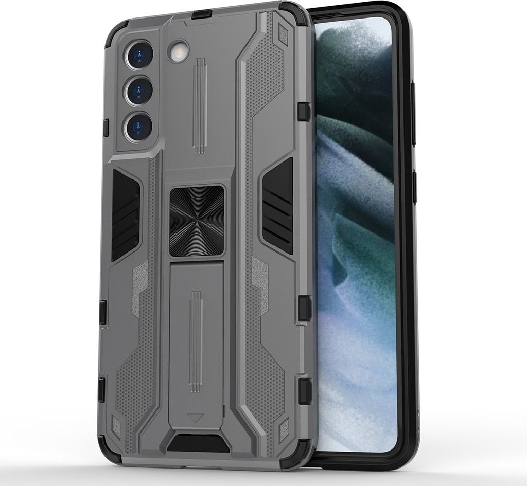 Galaxy S21 FE 5G Hülle, Dual Layer PC TPU Bumper Stoßfest Ständer Schutzhülle für Samsung Galaxy S21 FE 5G Grau