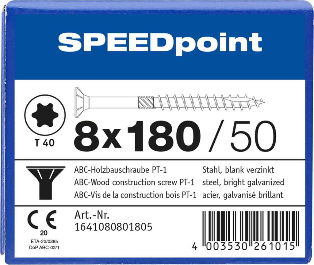 ABC SPEEDpoint Holzbauschraube Senkkopf T40 Teilgewinde Schabenut A2J 8x180mm (50)