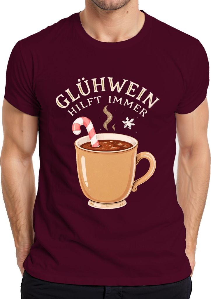 Glühwein hilft immer Weihnachtsmarkt Winter Geschenk Zuckerstange Herren T-Shirt, Burgundy, XL