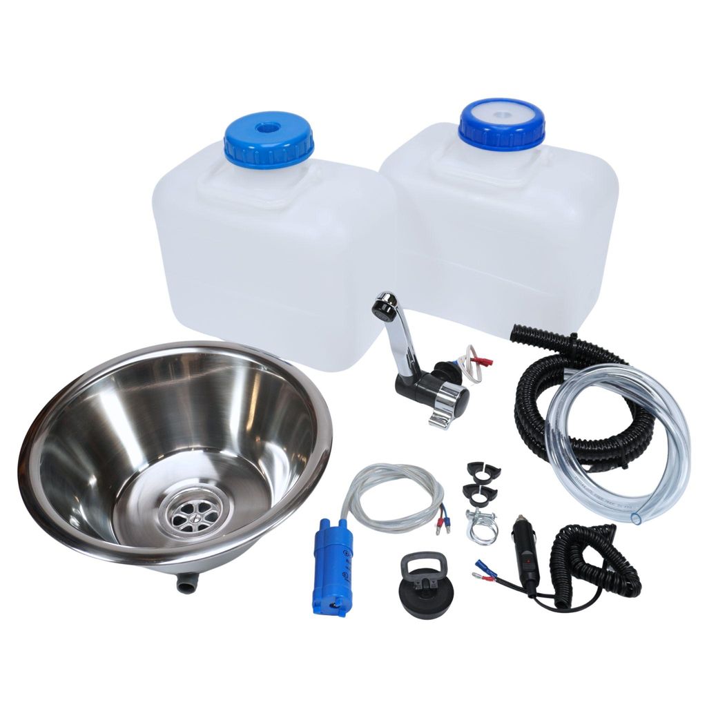 12V Camping Spüle rund 28cm Bausatz mit 10L Kanister Spülbecken Waschbecken Set