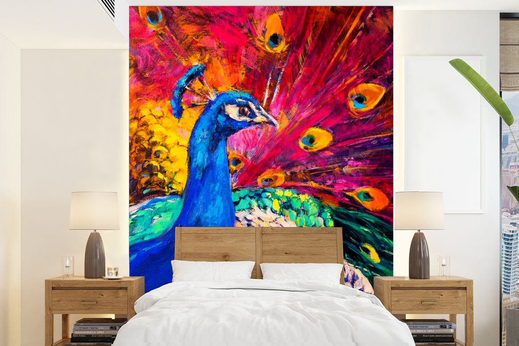 MuchoWow Fototapete für Wohnzimmer oder Schlafzimmer Wandtapete Vinyl Motivtapete Gemälde - Vogel - Pfau - Ölgemälde - 160x220 cm - Bildschir...