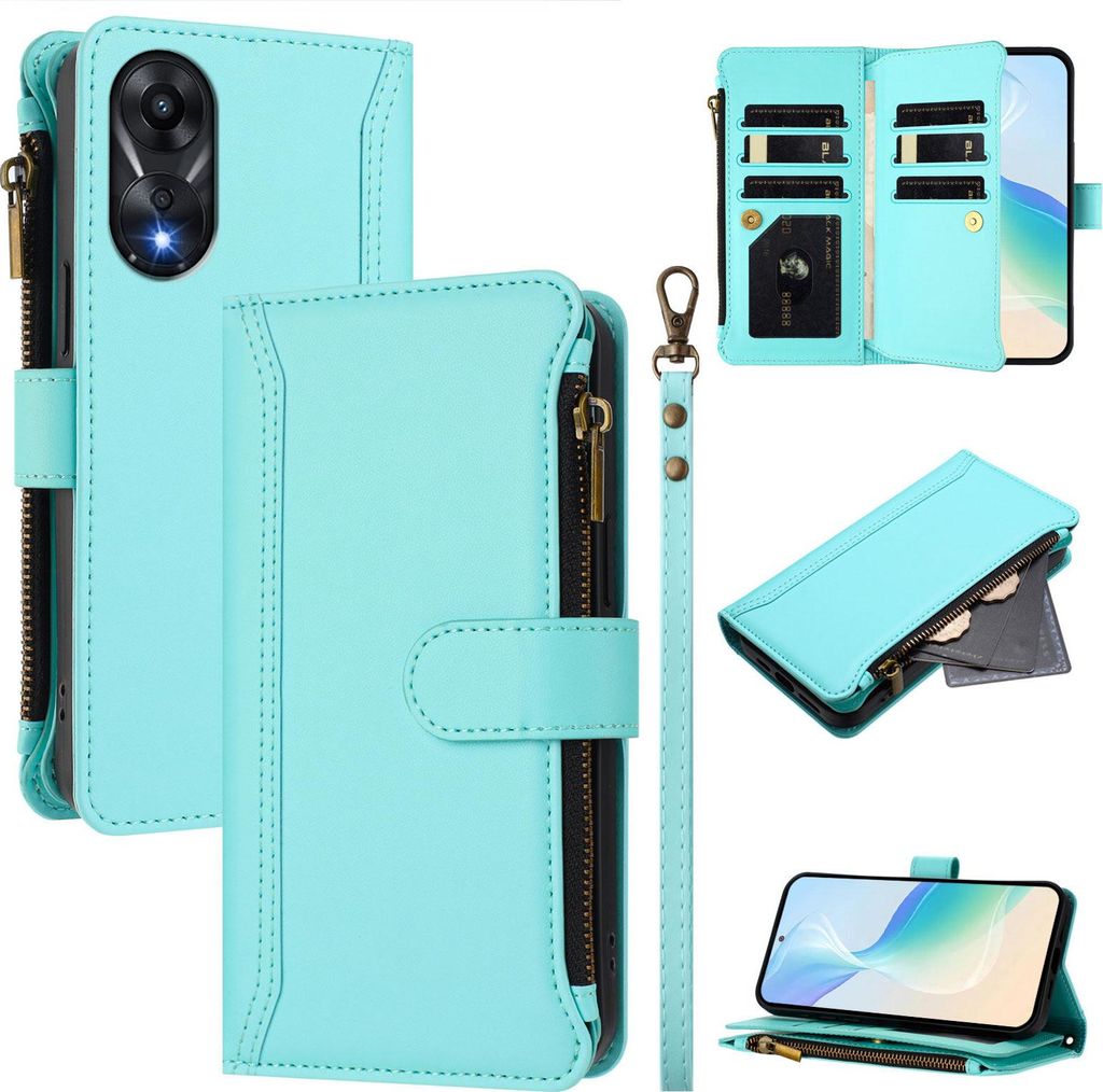 Handyhülle für Oppo A78 4G Reißverschluss Geldbörse Kunstleder Klapphülle mit Kartensteckplatz, Ständer, Handschlaufe Türkis