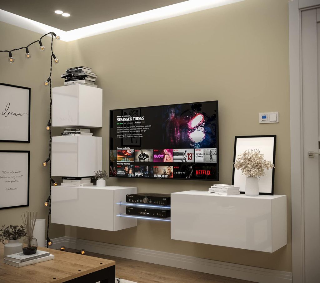 Furnitech Wohnwand Wohnzimmer - Wohnzimmer Möbel mit LED Blau - Hängend Wohnwand Modern - Wohnzimmer Schrankwand mit Regale und TV Schrank (AN100...